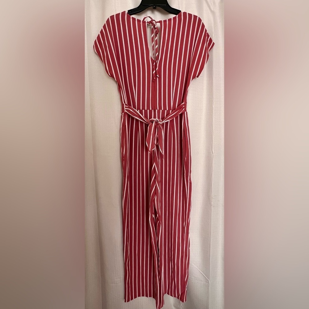 Burgundy White Striped Wide Leg Jumpsuit Pockets M - Picture 9 of 9